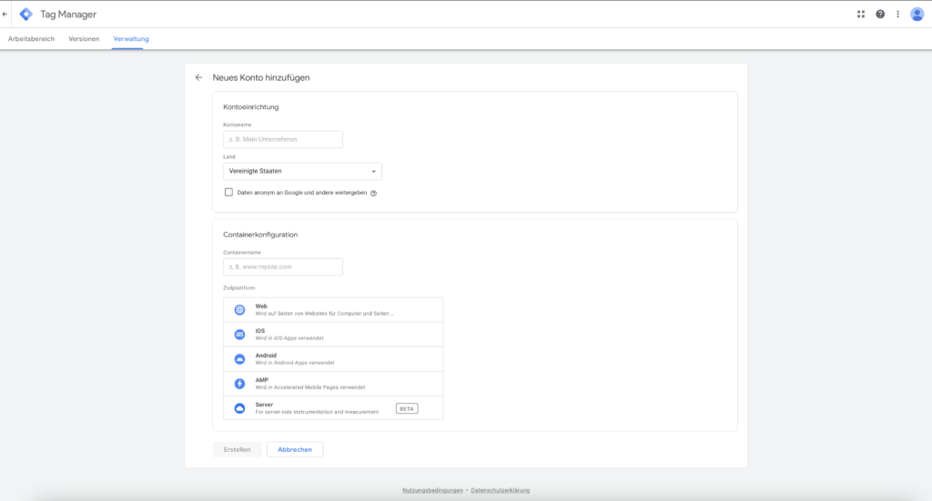 Google Tag Manager - Konto-Erstellung